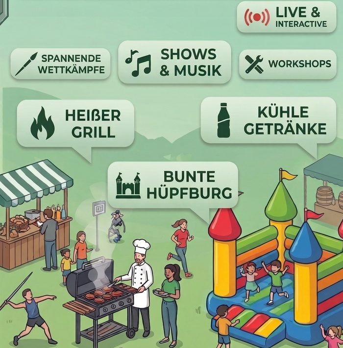 Wettkämpfe, Shows, Musik, Grill, Getränke und Hüpfburg